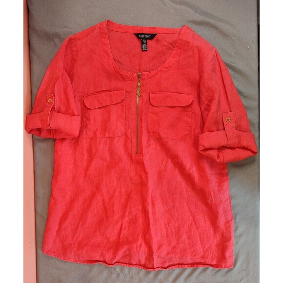 Women's Ellen Tracy 100% Linen Roll Tab Sleeves Tunic Blouse Small Bright Pink - Picture 3 of 5